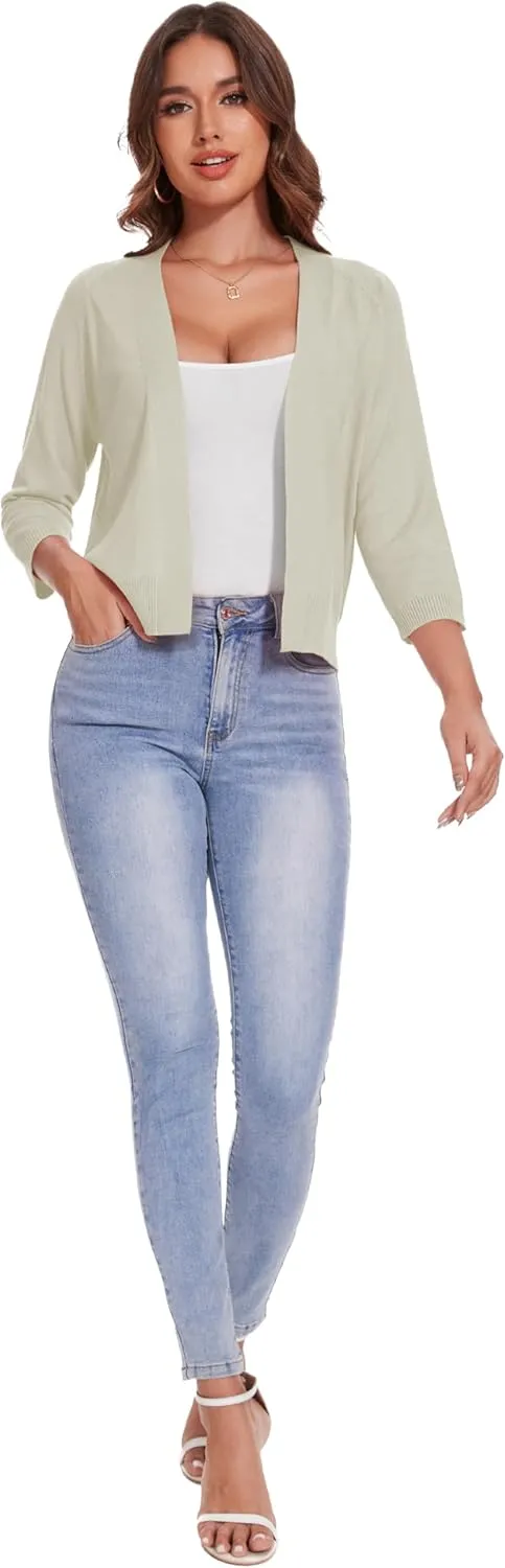 Women's 3/4 Sleeve Open Front Cropped Cardigan Solid Shrugs Lightweight Knit Sweater