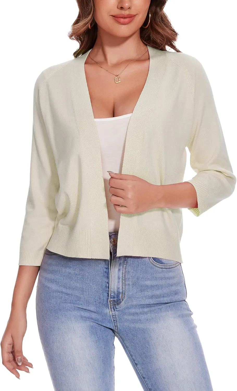Women's 3/4 Sleeve Open Front Cropped Cardigan Solid Shrugs Lightweight Knit Sweater