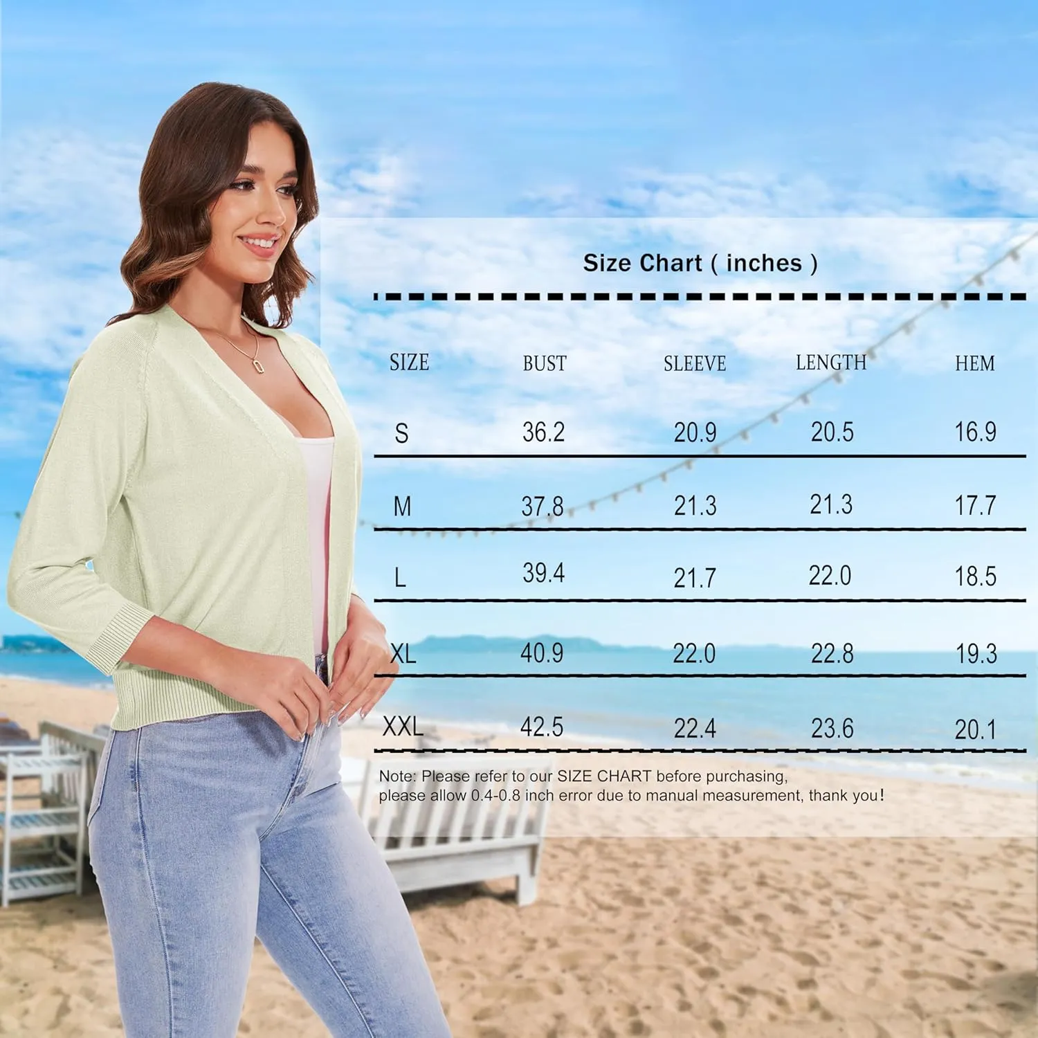 Women's 3/4 Sleeve Open Front Cropped Cardigan Solid Shrugs Lightweight Knit Sweater