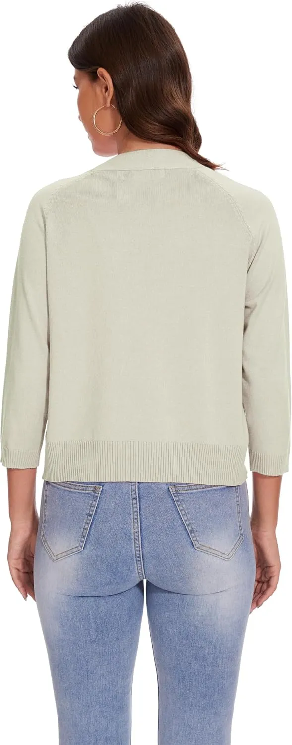 Women's 3/4 Sleeve Open Front Cropped Cardigan Solid Shrugs Lightweight Knit Sweater