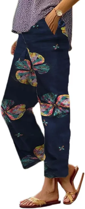 Womens Casual Boho Floral Cotton Linen Pants Elastic Waist Drawstring Summer Beach Baggy Trousers with Pockets