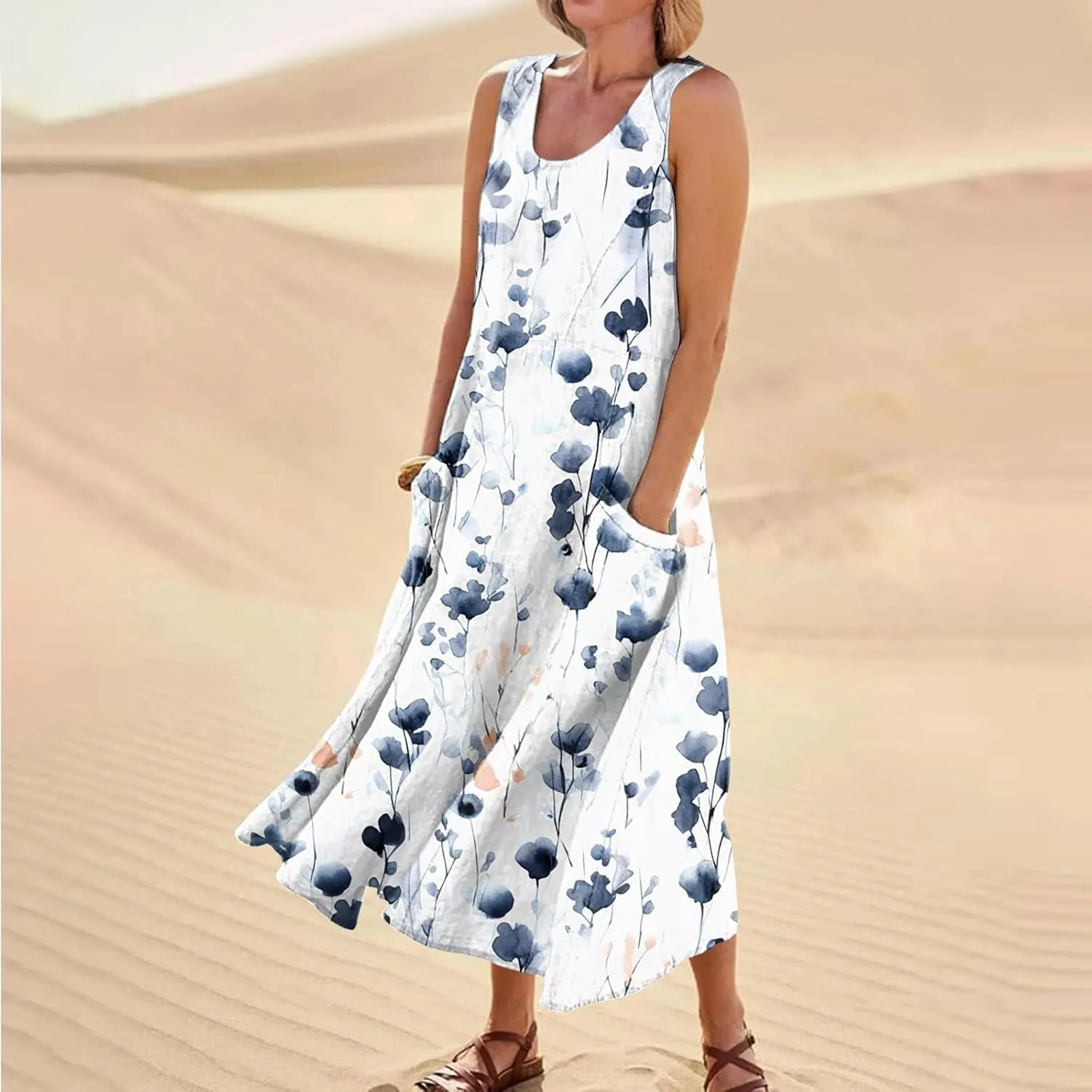 Women's Casual Sleeveless Maxi Dress 2025 Summer Tank Scoop Neck Loose Beach Sundress Beach Vacation Dresses