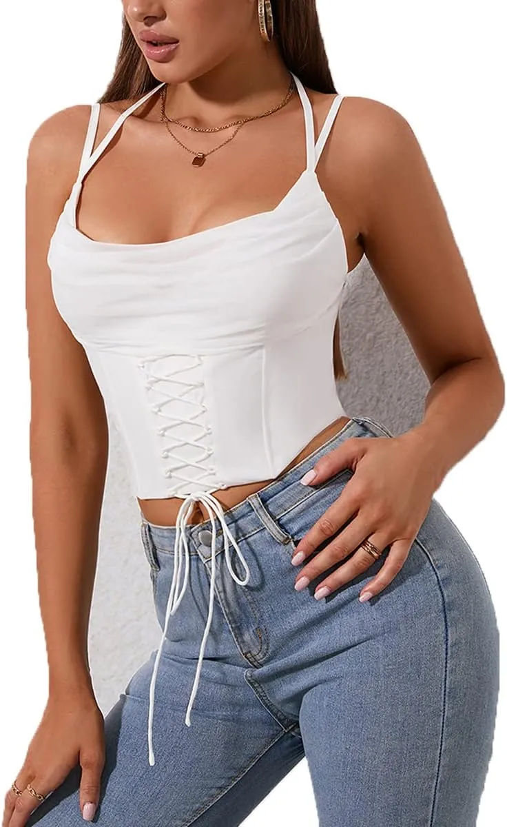 Women's Cowl Neck Lace Up Crop Tank Top Sleeveless Backless Camisole