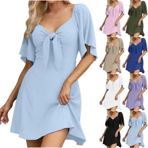 Womens Dresses 2024 Spring Summer Deep V Neck Elegant Bow Tie Mini Dress Short Sleeve Solid Casual Graduation Dress