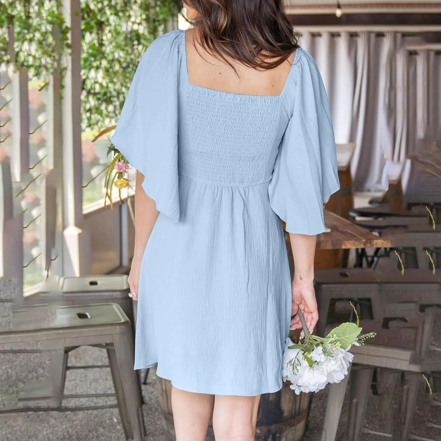 Womens Dresses 2024 Spring Summer Deep V Neck Elegant Bow Tie Mini Dress Short Sleeve Solid Casual Graduation Dress