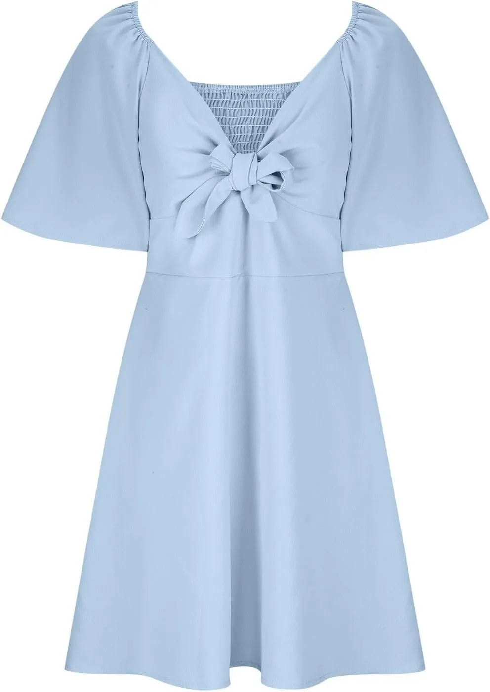 Womens Dresses 2024 Spring Summer Deep V Neck Elegant Bow Tie Mini Dress Short Sleeve Solid Casual Graduation Dress