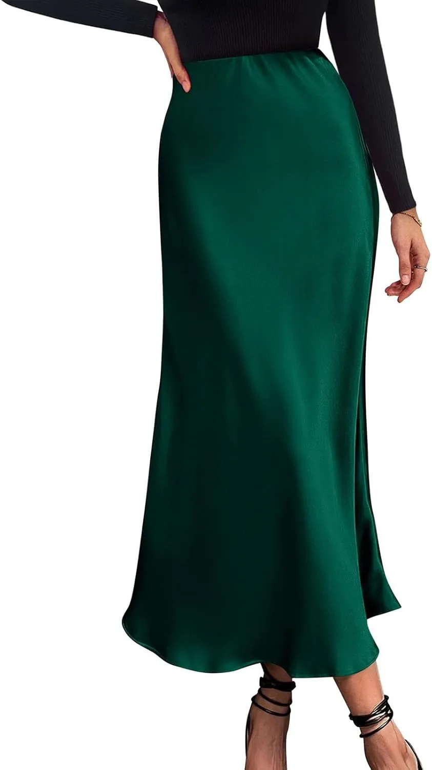 Womens Elegant Satin Skirts Casual A Line Midi Skirt Summer Spring High Waist Cocktail Party Wedding Long Skirt