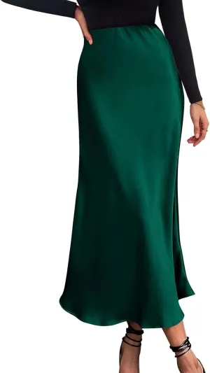 Womens Elegant Satin Skirts Casual A Line Midi Skirt Summer Spring High Waist Cocktail Party Wedding Long Skirt