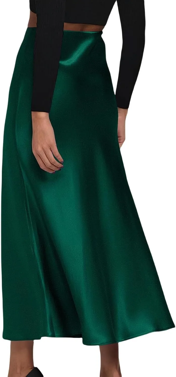 Womens Elegant Satin Skirts Casual A Line Midi Skirt Summer Spring High Waist Cocktail Party Wedding Long Skirt