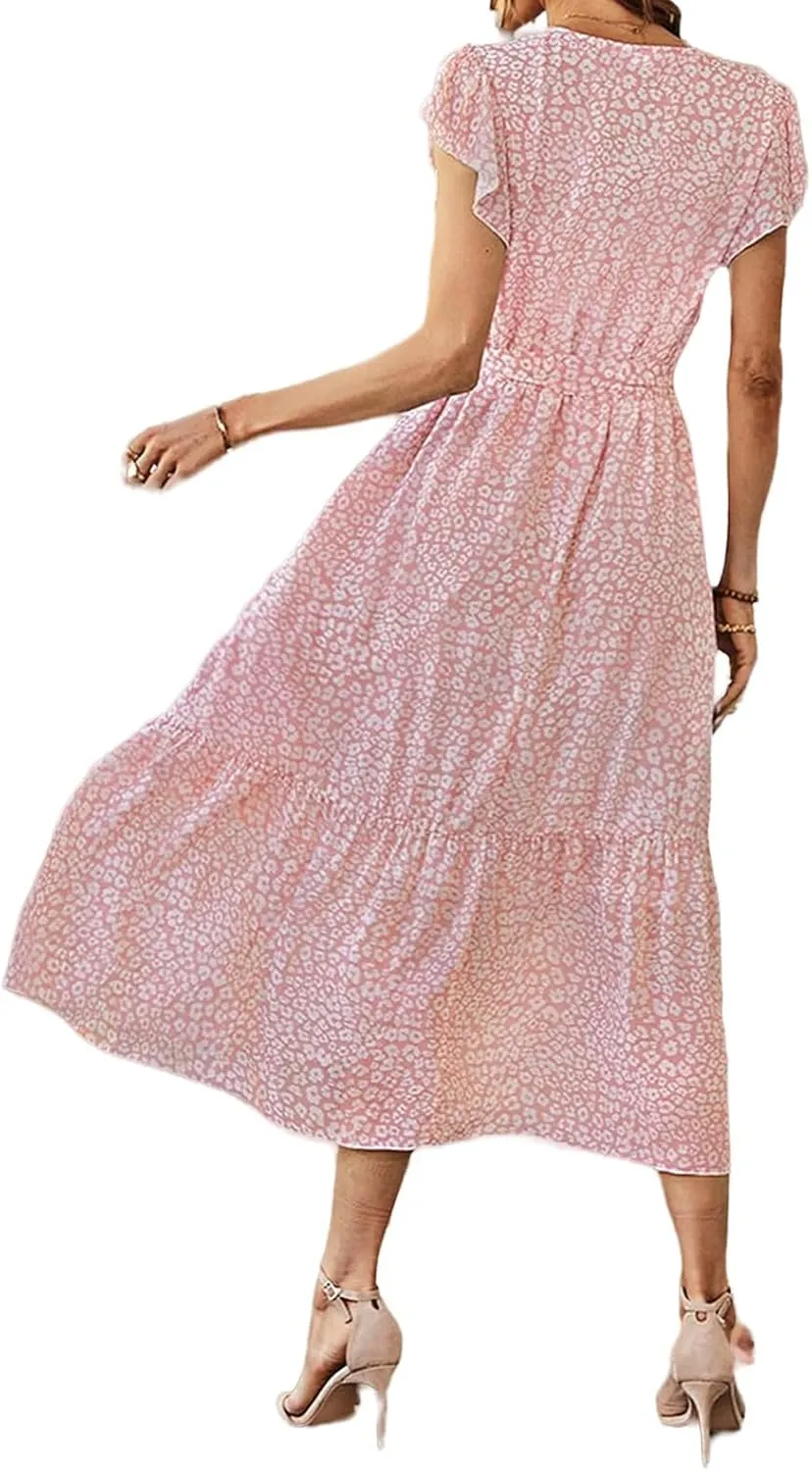 Women's Floral Midi Dress Summer Boho Dresses Beach Sundress Vacation A-line Skirts V-Neck Belt Pleated Maxi Dress