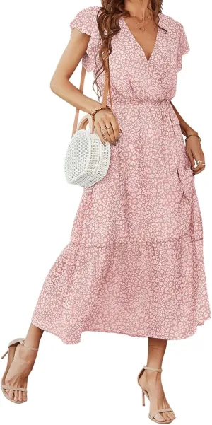 Women's Floral Midi Dress Summer Boho Dresses Beach Sundress Vacation A-line Skirts V-Neck Belt Pleated Maxi Dress