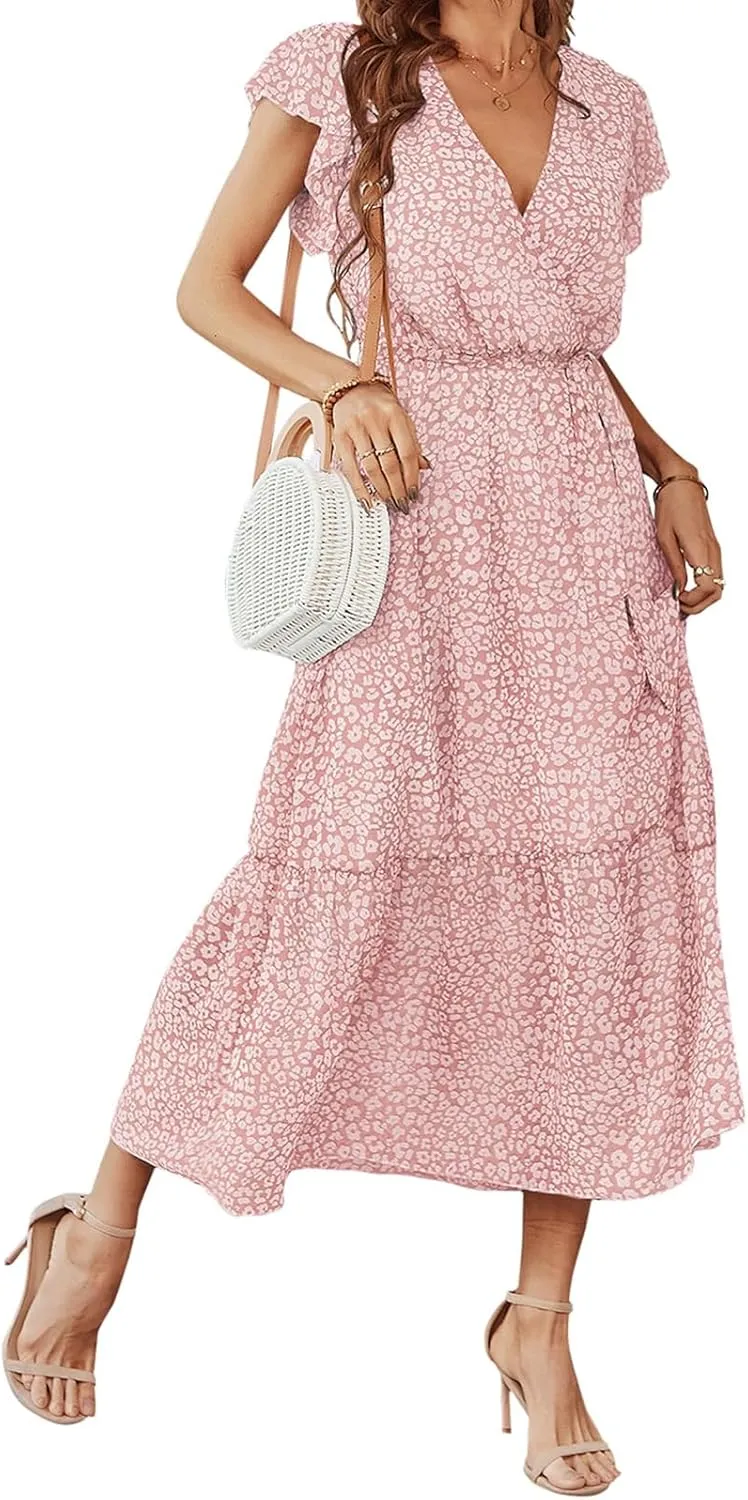 Women's Floral Midi Dress Summer Boho Dresses Beach Sundress Vacation A-line Skirts V-Neck Belt Pleated Maxi Dress