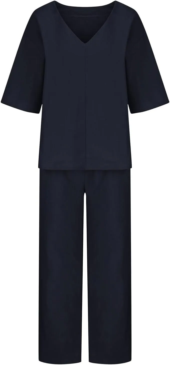 Womens Linen Top and Wide Leg Pants Suit 2 Pieces Summer Casual Elegant Outfit