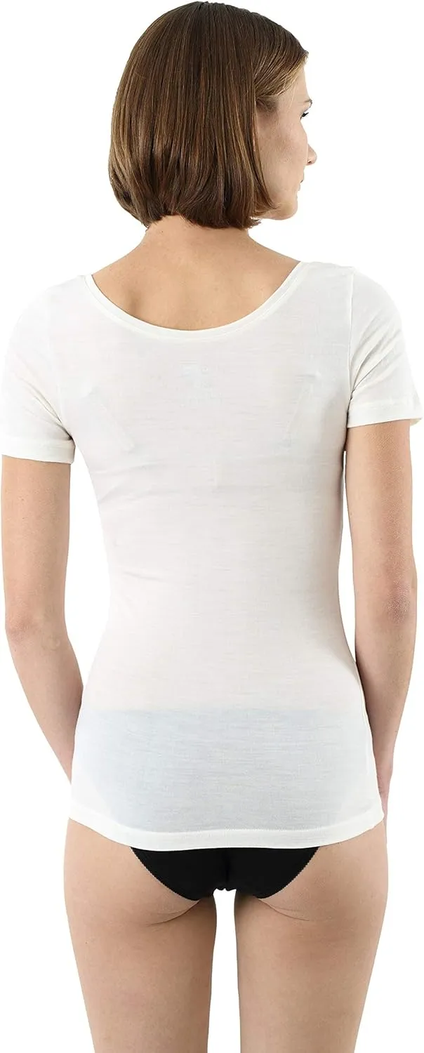 Women's mulesing-Free Merino Wool Undershirt Short Sleeves deep Scoop Neck Off-White