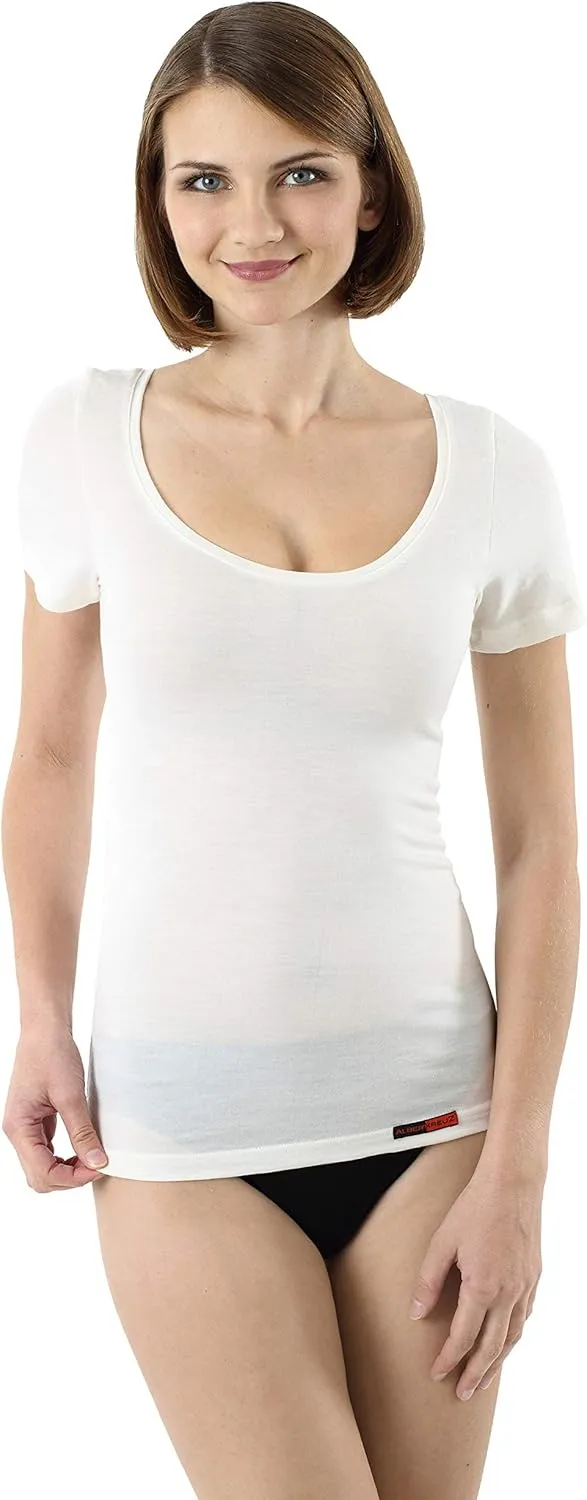 Women's mulesing-Free Merino Wool Undershirt Short Sleeves deep Scoop Neck Off-White