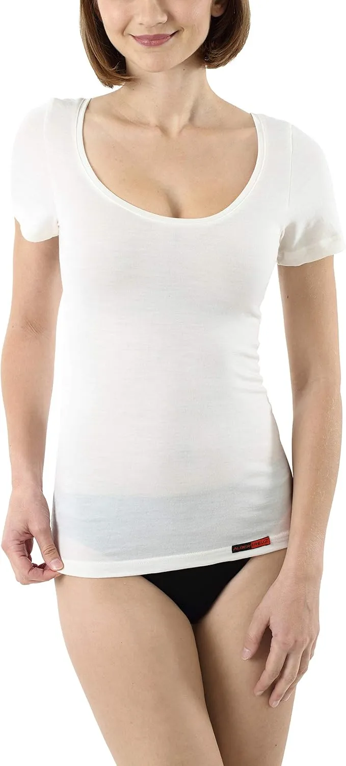 Women's mulesing-Free Merino Wool Undershirt Short Sleeves deep Scoop Neck Off-White