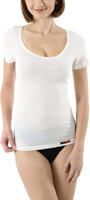 Women's mulesing-Free Merino Wool Undershirt Short Sleeves deep Scoop Neck Off-White