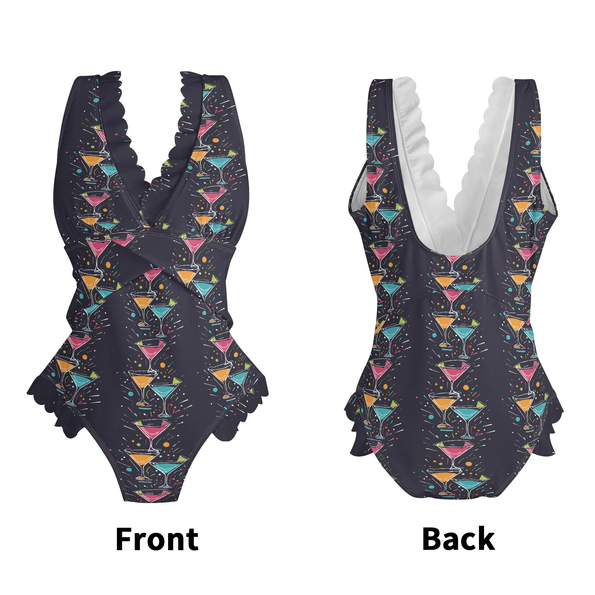 Womens Nighttime Martini Ruffle Edge Cross-Front One Piece Swimsuit Bathing Suit