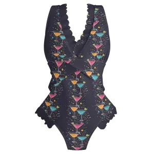Womens Nighttime Martini Ruffle Edge Cross-Front One Piece Swimsuit Bathing Suit