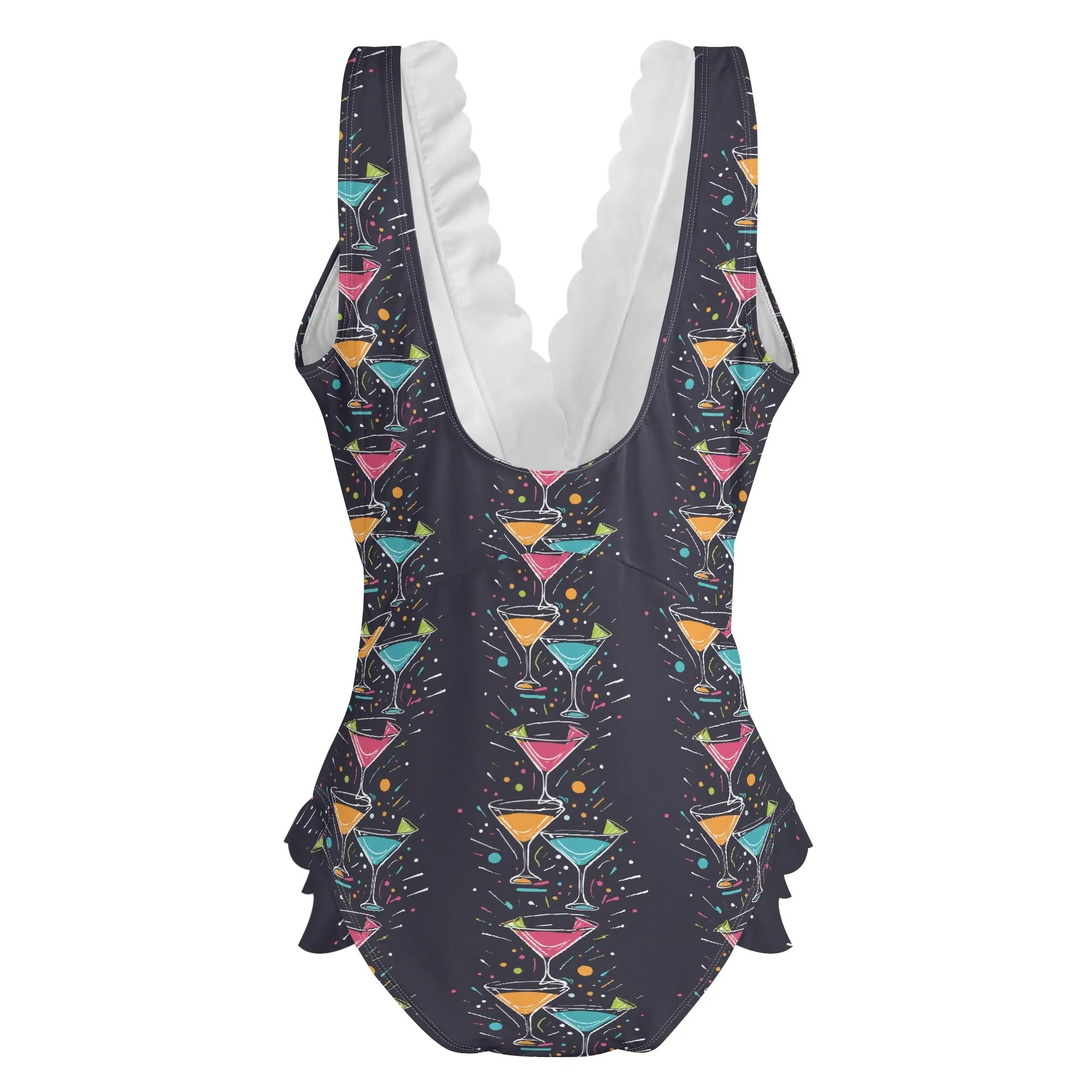 Womens Nighttime Martini Ruffle Edge Cross-Front One Piece Swimsuit Bathing Suit