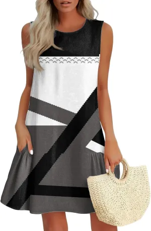 Women's Ruffle Hem Tank Dress Sleeveless Dress for Women Round Neck Casual Smock Summer Mini Dresses
