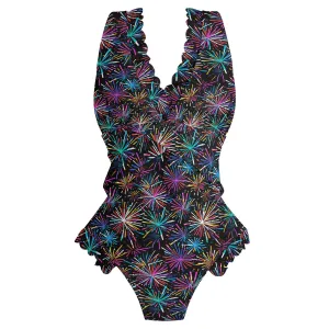 Womens Sharp FIreworks Ruffle Edge Cross-Front One Piece Swimsuit Bathing Suit