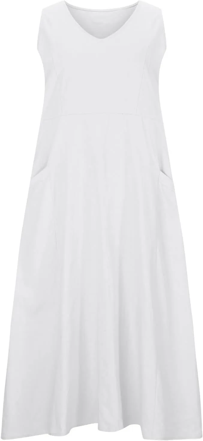 Women's Summer Cotton Linen Maxi Dresses Sleeveless Solid Flowy Long Dress Plus Size Loose Comfy Dress with Pockets