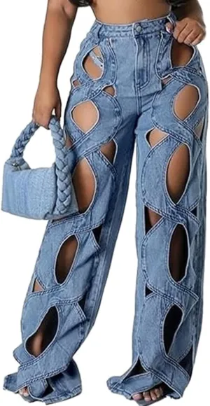 xxxiticat Women's Hollow Out Denim Pants High Waist See Through Twist Together Wide Leg Loose Fit Cutout Jeans Trousers