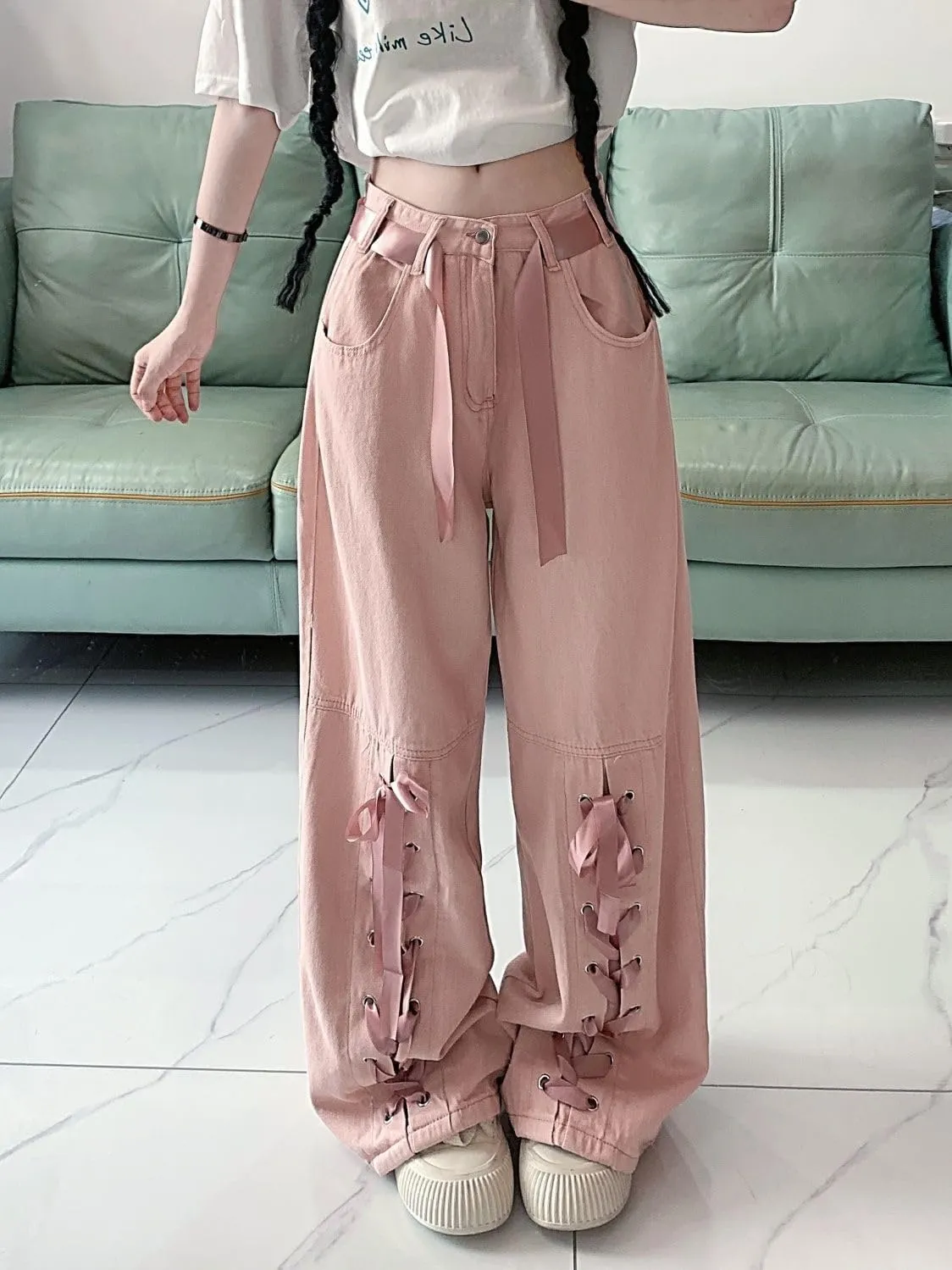 Y2K Bow Tie Jeans for Women Baggy Casual Wide Leg Pants Kawaii Straight High Waist Drawstring Pink Trousers