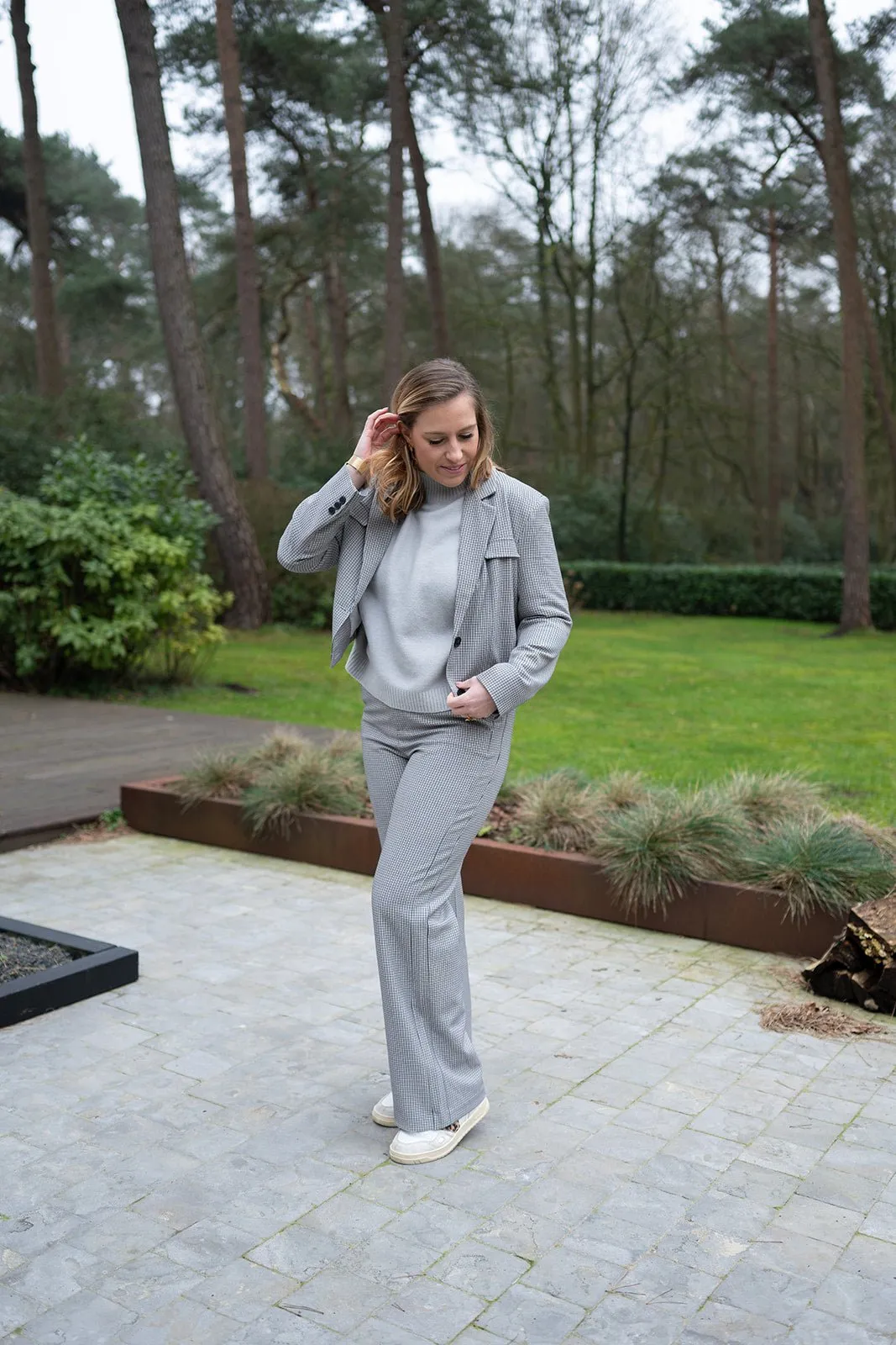 YAYA - Jas Woven Checked Short Blazer Feather Grey Dessin