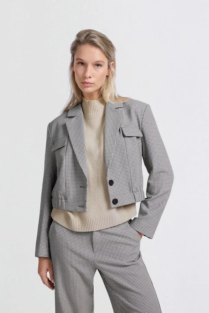 YAYA - Jas Woven Checked Short Blazer Feather Grey Dessin
