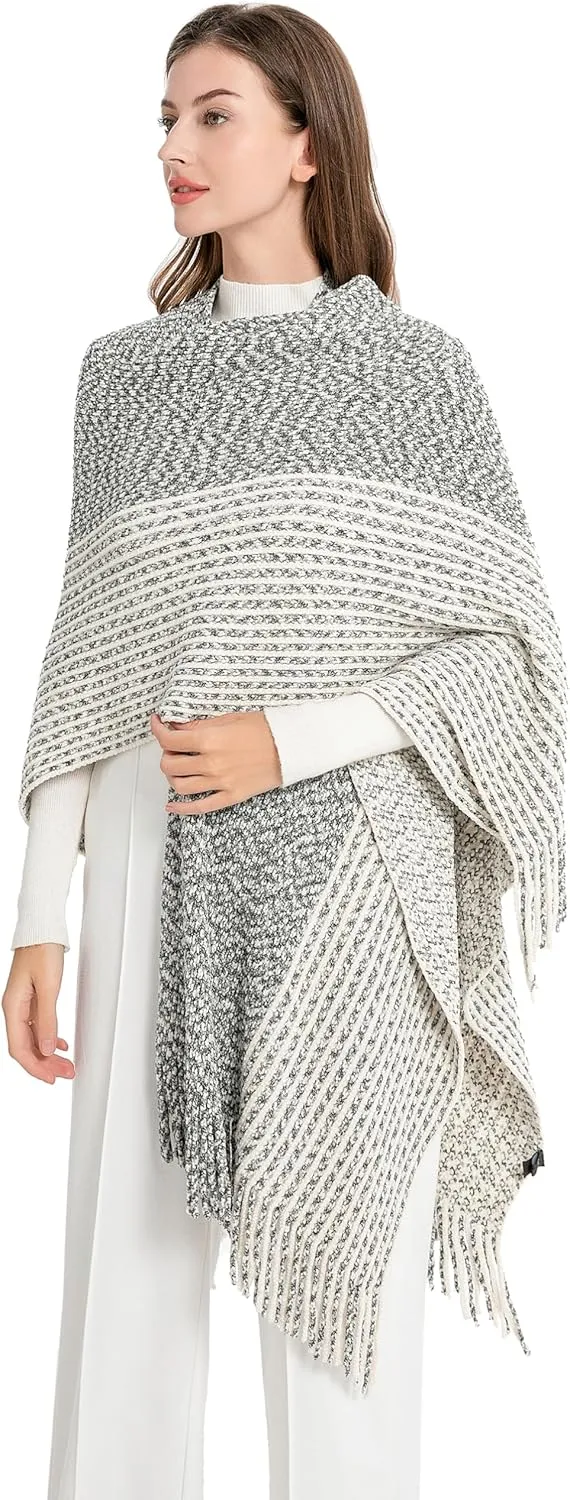 ZLYC Women's Shawl Golden Trim Knit Blanket Wrap Fringe Poncho Coat Cardigan