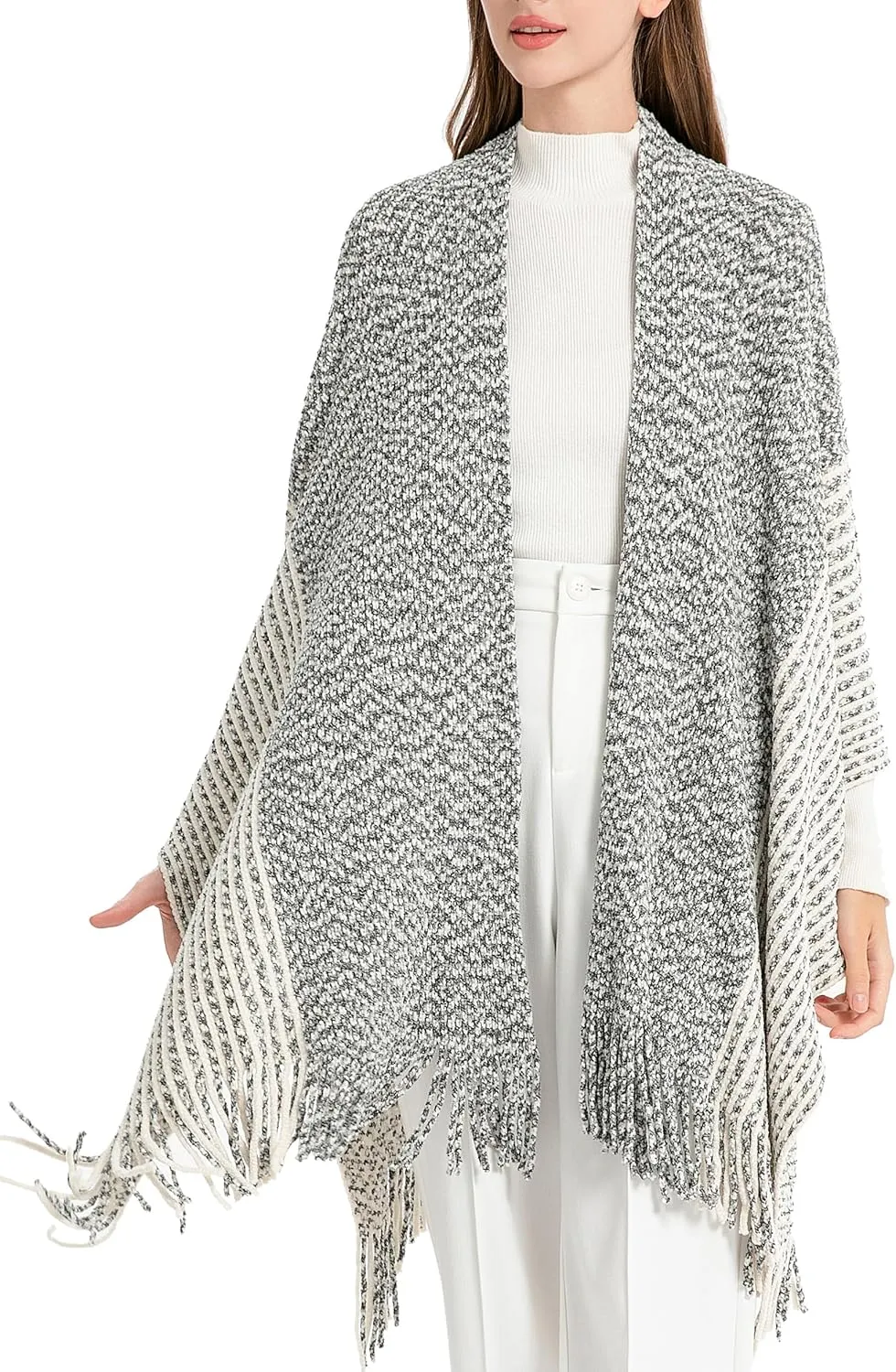 ZLYC Women's Shawl Golden Trim Knit Blanket Wrap Fringe Poncho Coat Cardigan