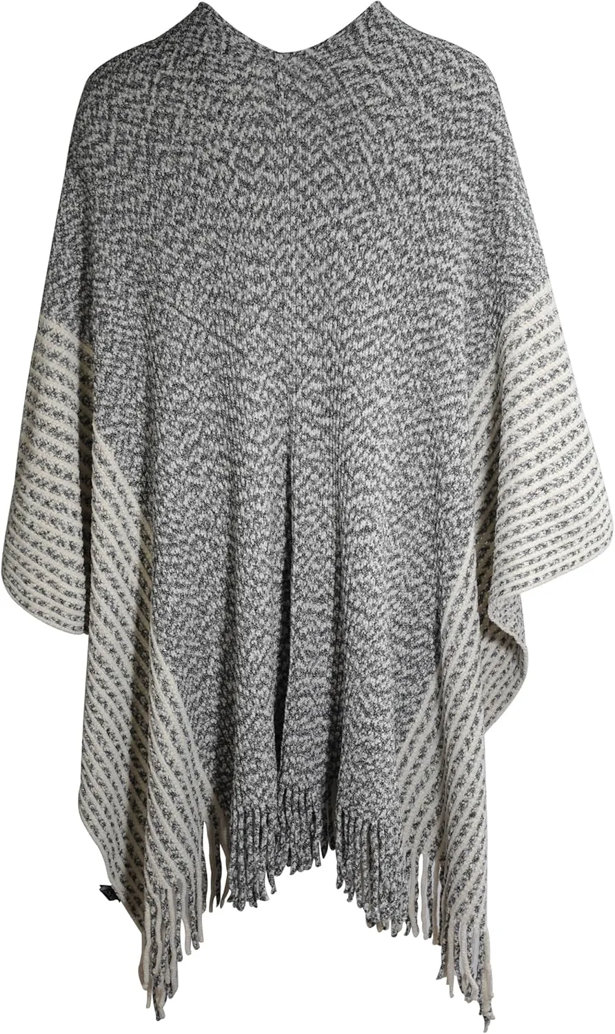 ZLYC Women's Shawl Golden Trim Knit Blanket Wrap Fringe Poncho Coat Cardigan
