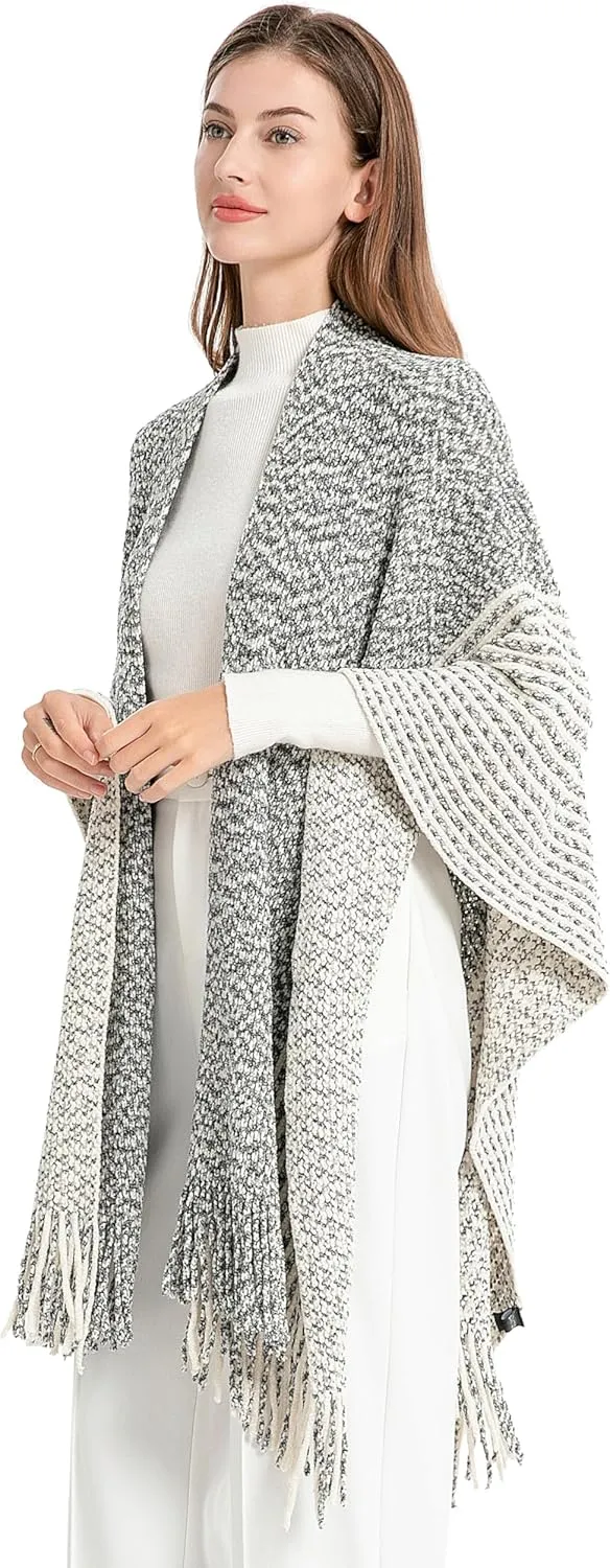 ZLYC Women's Shawl Golden Trim Knit Blanket Wrap Fringe Poncho Coat Cardigan