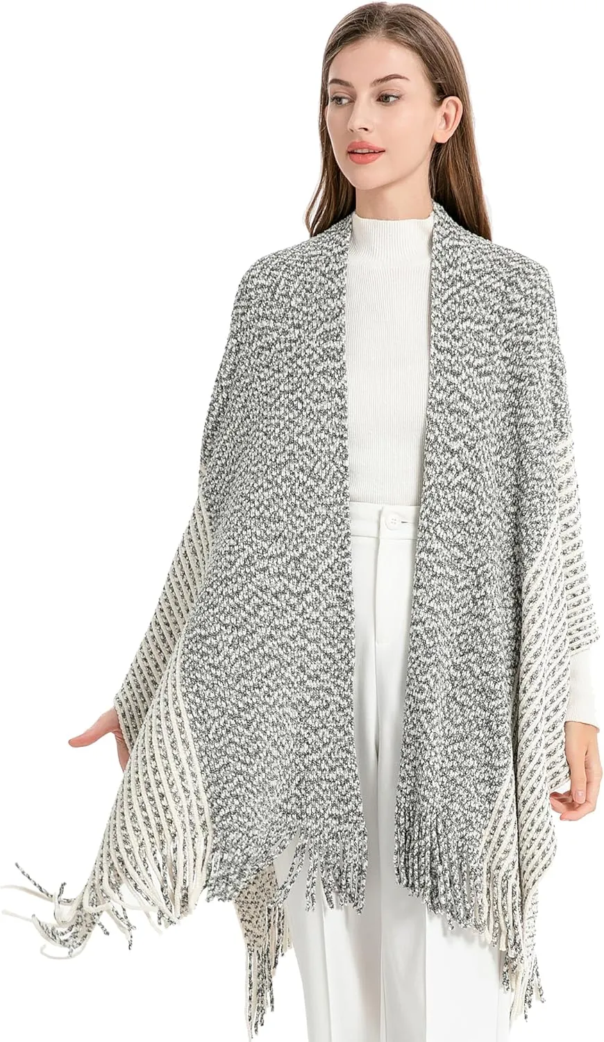ZLYC Women's Shawl Golden Trim Knit Blanket Wrap Fringe Poncho Coat Cardigan