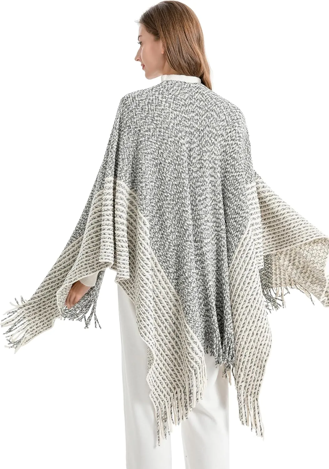 ZLYC Women's Shawl Golden Trim Knit Blanket Wrap Fringe Poncho Coat Cardigan